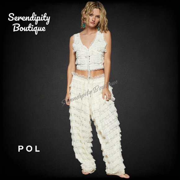 POL Boho Feminine Fluttering All Over Soft Tiered Eyelet Lace Ruffle Wide Leg Pa - Picture 10 of 12